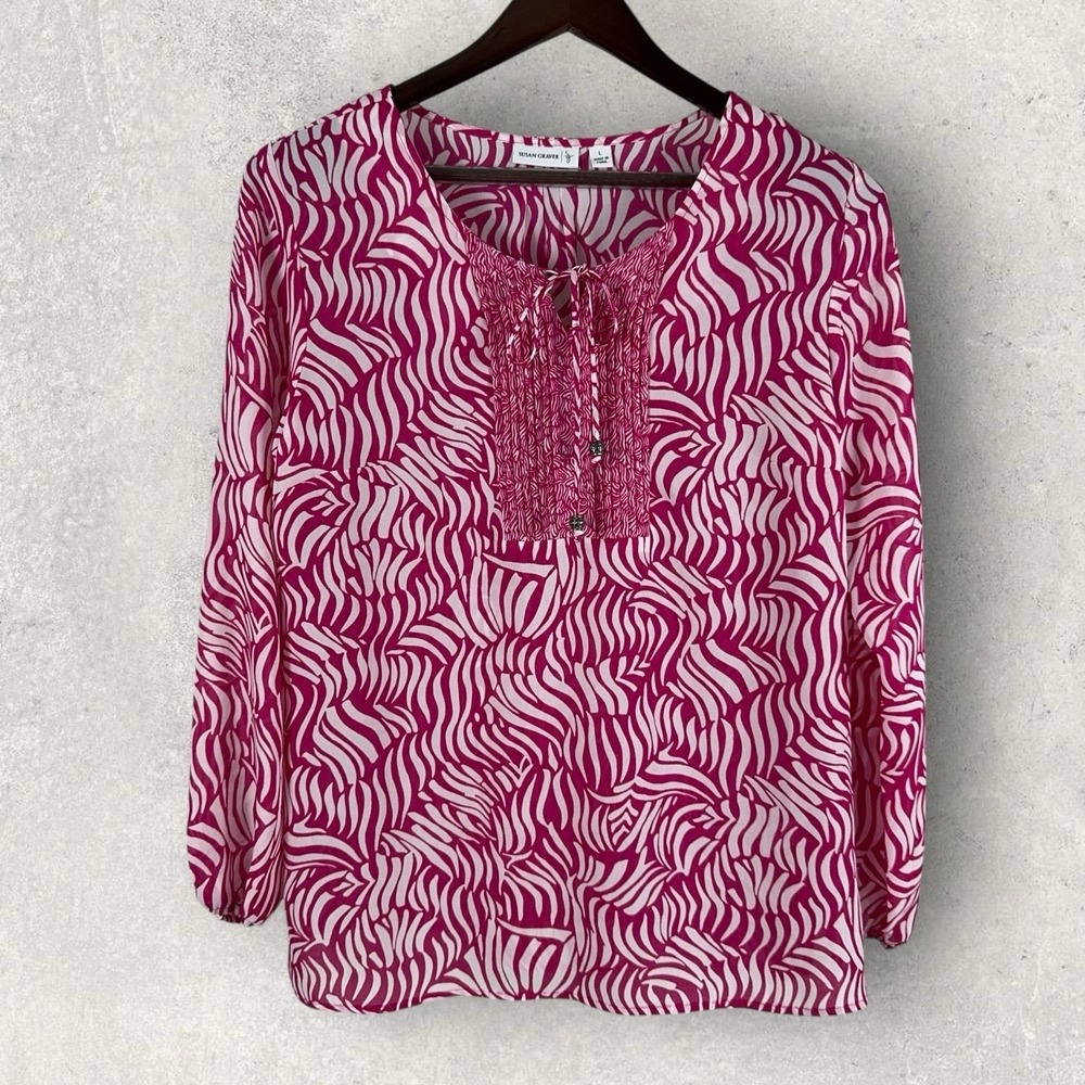 Susan Graver Flowy Popover‎ Top Pink White Pintucked Tassel Balloon Sleeve Large